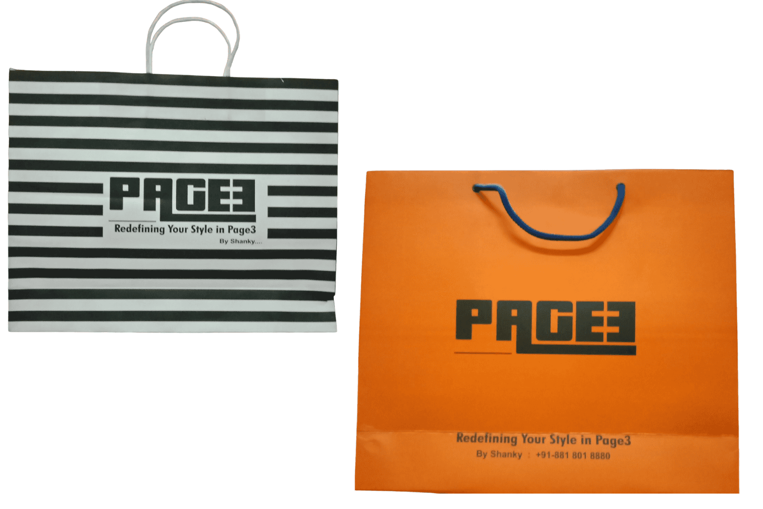 Printed PAGE3 paper bag samples by Global Packaging